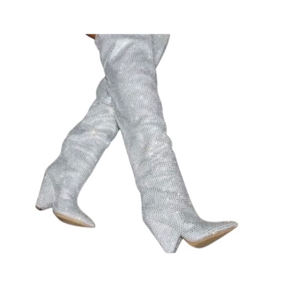 Women's Silver Rhinestone Over-the-Knee Stiletto Boots Size 7,5 - Picture 3 of 14